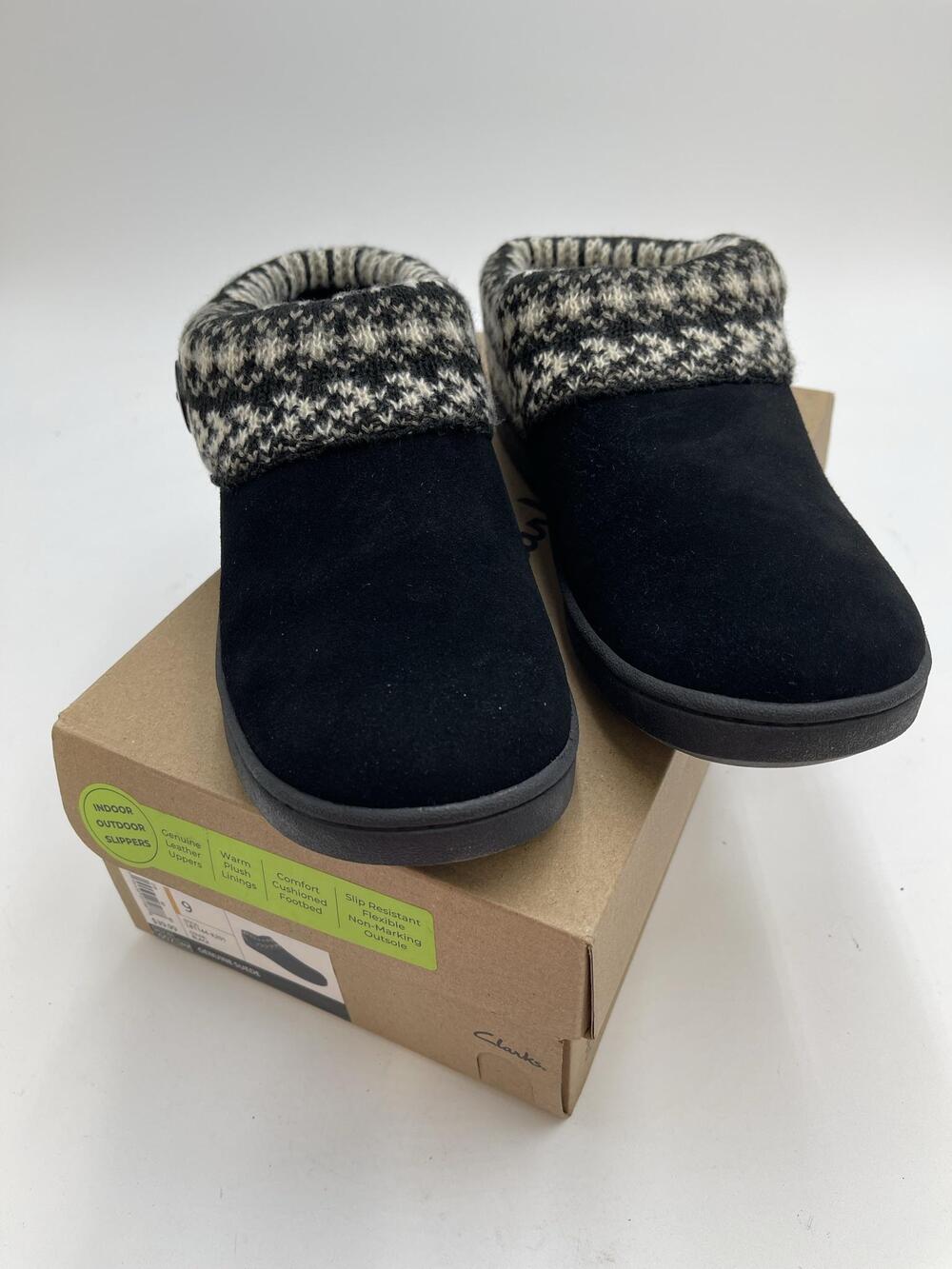 Clarks Slippers Womens Black Suede Knit Clog Indoor Outdoor Cozy House Size 9